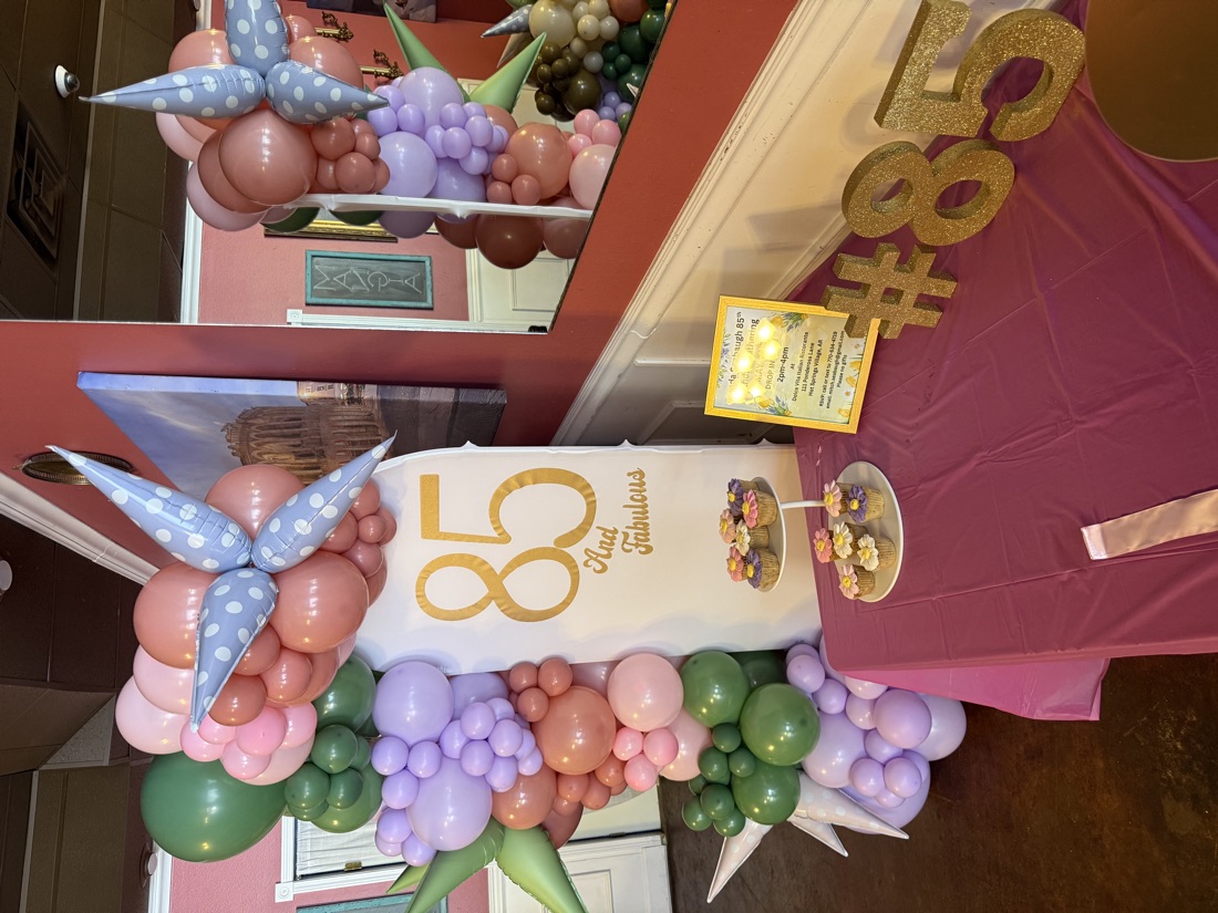85th birthday balloon arch with backdrop